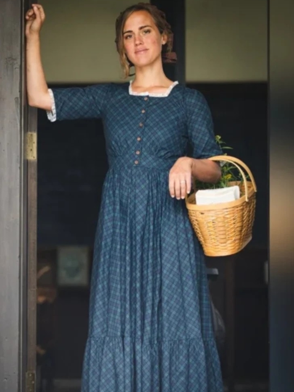 Linen/Cotton Maxi Dress FIONA KEEPSAKE NWT Plaid Green & Navy - Picture 2 of 2